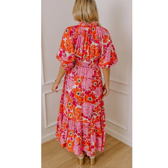NWT Entro Floral Smocked Tiered Boho Maxi Dress 3/4 Sleeve Size Large - Picture 2 of 7